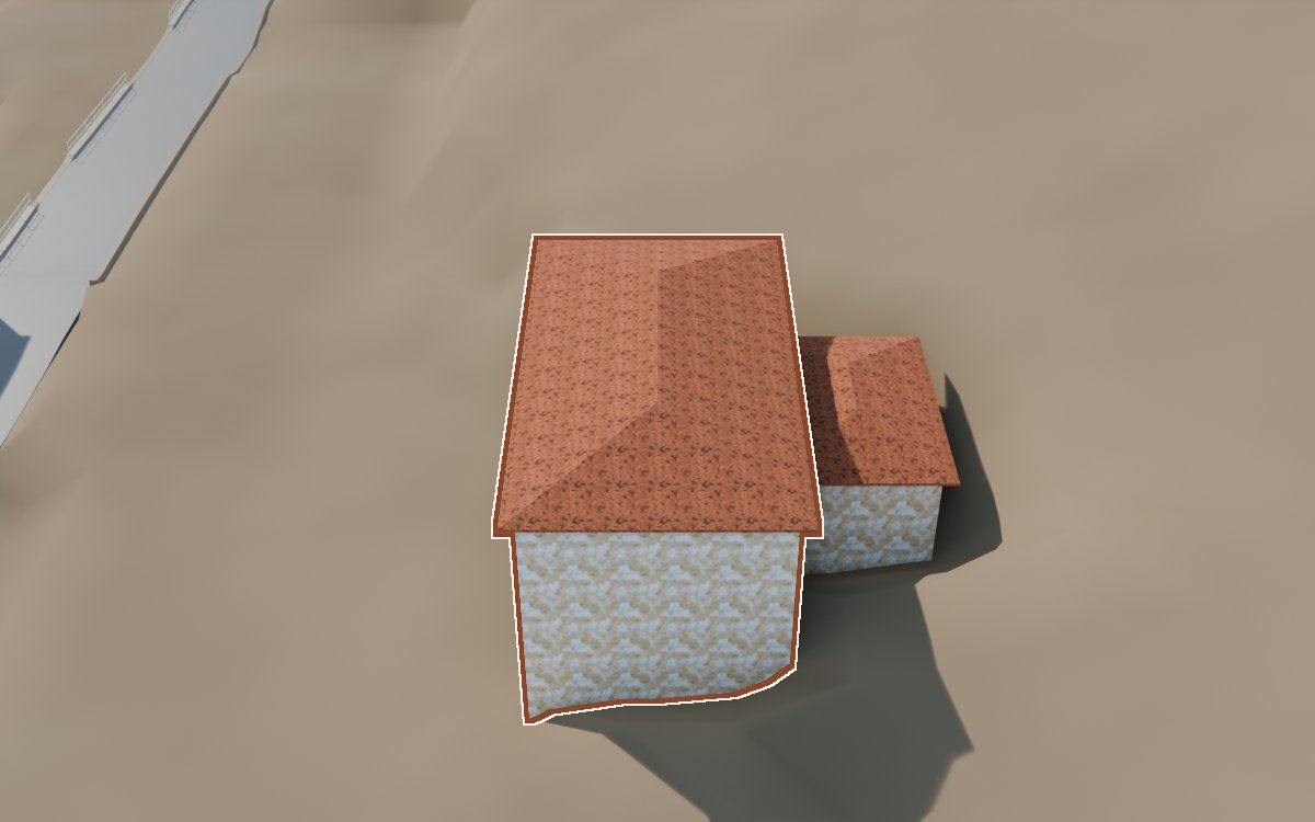 Casa de la manzana MQN-MZN-053 a la reconstrucció 3D, vista des del seu carrer, amb el contorn marcat de color teula entre les cases del voltant