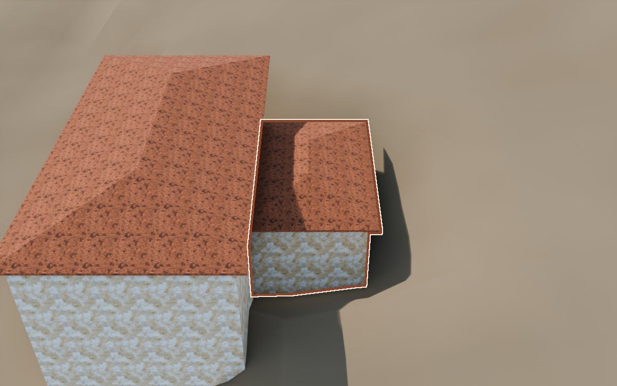 Casa de la manzana MQN-MZN-053 a la reconstrucció 3D, vista des del seu carrer, amb el contorn marcat de color teula entre les cases del voltant
