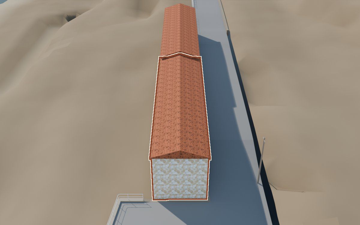 Casa cerca de la Carretera a la reconstrucció 3D, vista des del seu carrer, amb el contorn marcat de color teula entre les cases del voltant