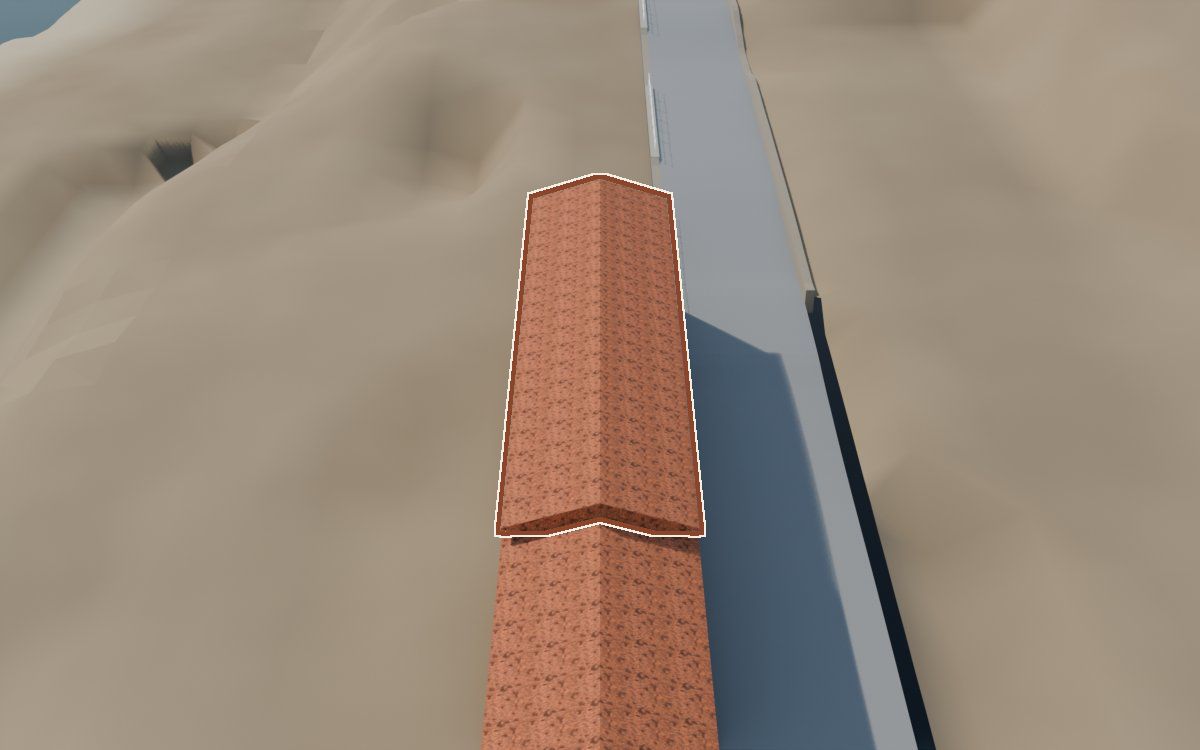 Casa de la manzana MQN-MZN-053 a la reconstrucció 3D, vista des del seu carrer, amb el contorn marcat de color teula entre les cases del voltant