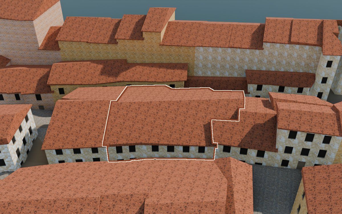 Manzana 6, n.º 13 y 12 y 14 a la reconstrucció 3D, vista des del seu carrer, amb el contorn marcat de color teula entre les cases del voltant