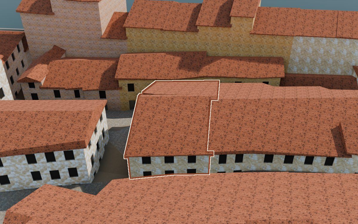 Manzana 6, n.º 15 a la reconstrucció 3D, vista des del seu carrer, amb el contorn marcat de color teula entre les cases del voltant