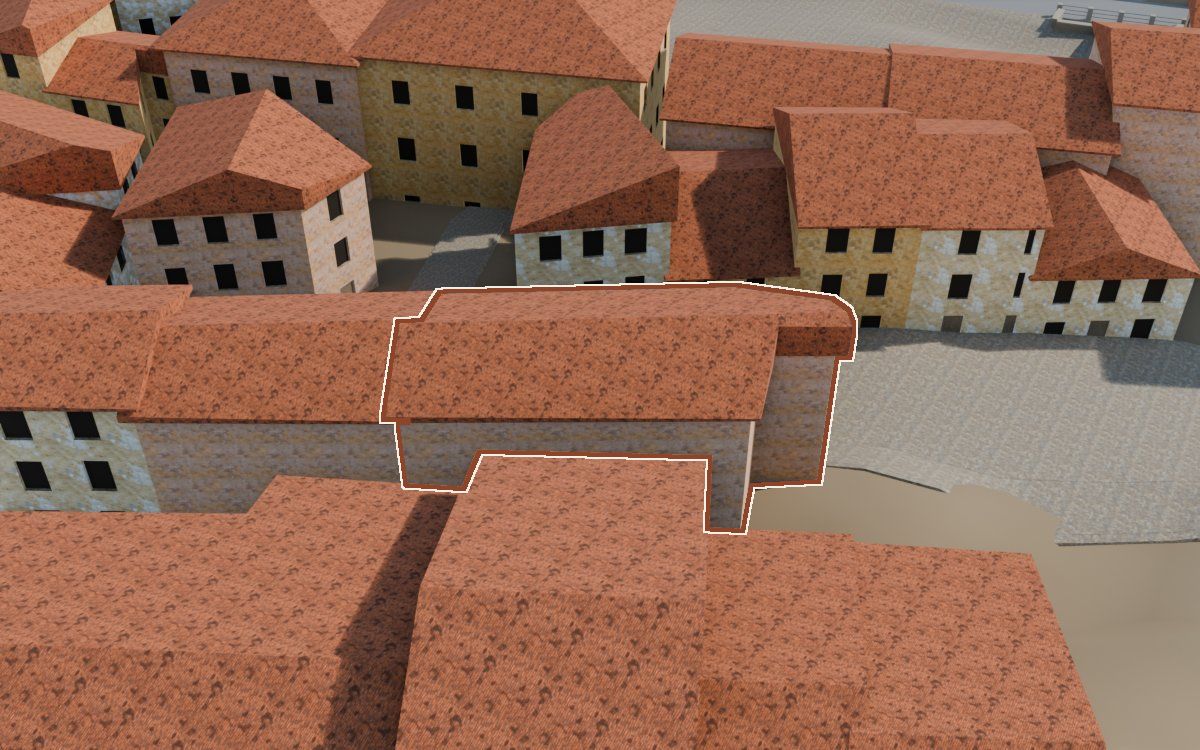 Manzana 30, n.º 24 a la reconstrucció 3D, vista des del seu carrer, amb el contorn marcat de color teula entre les cases del voltant