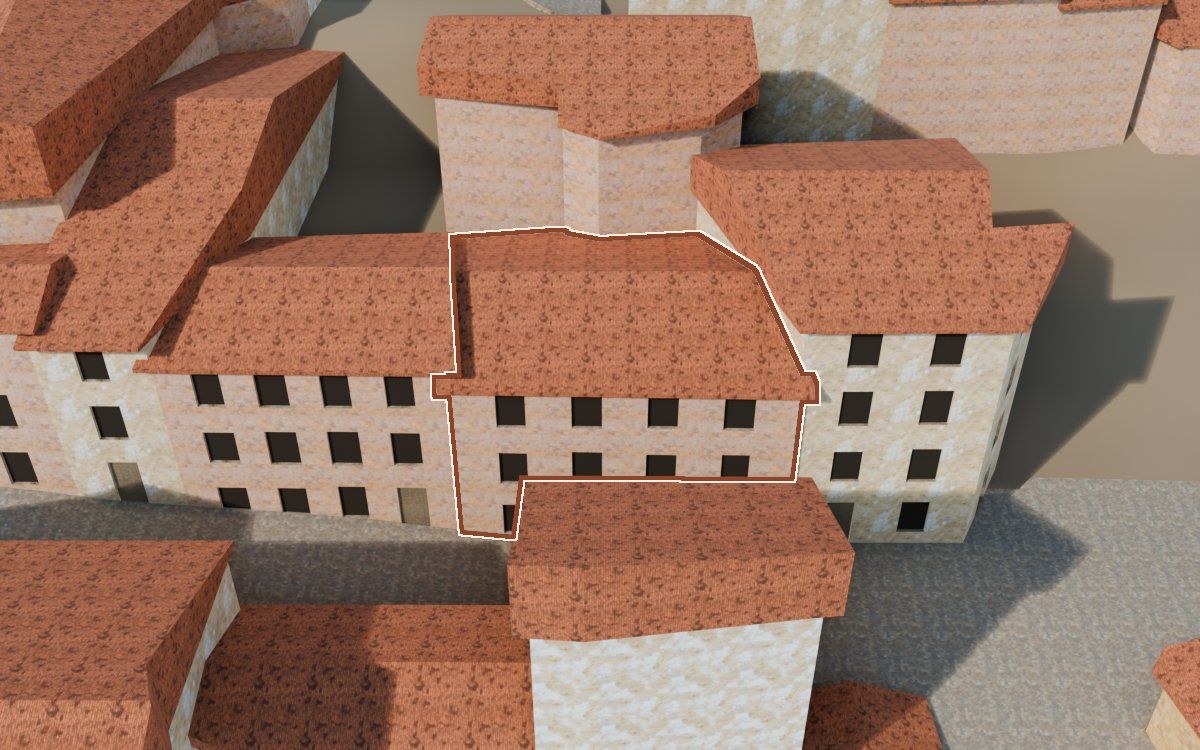 Casa del Carrer Saragossa a la reconstrucció 3D, vista des del seu carrer, amb el contorn marcat de color teula entre les cases del voltant
