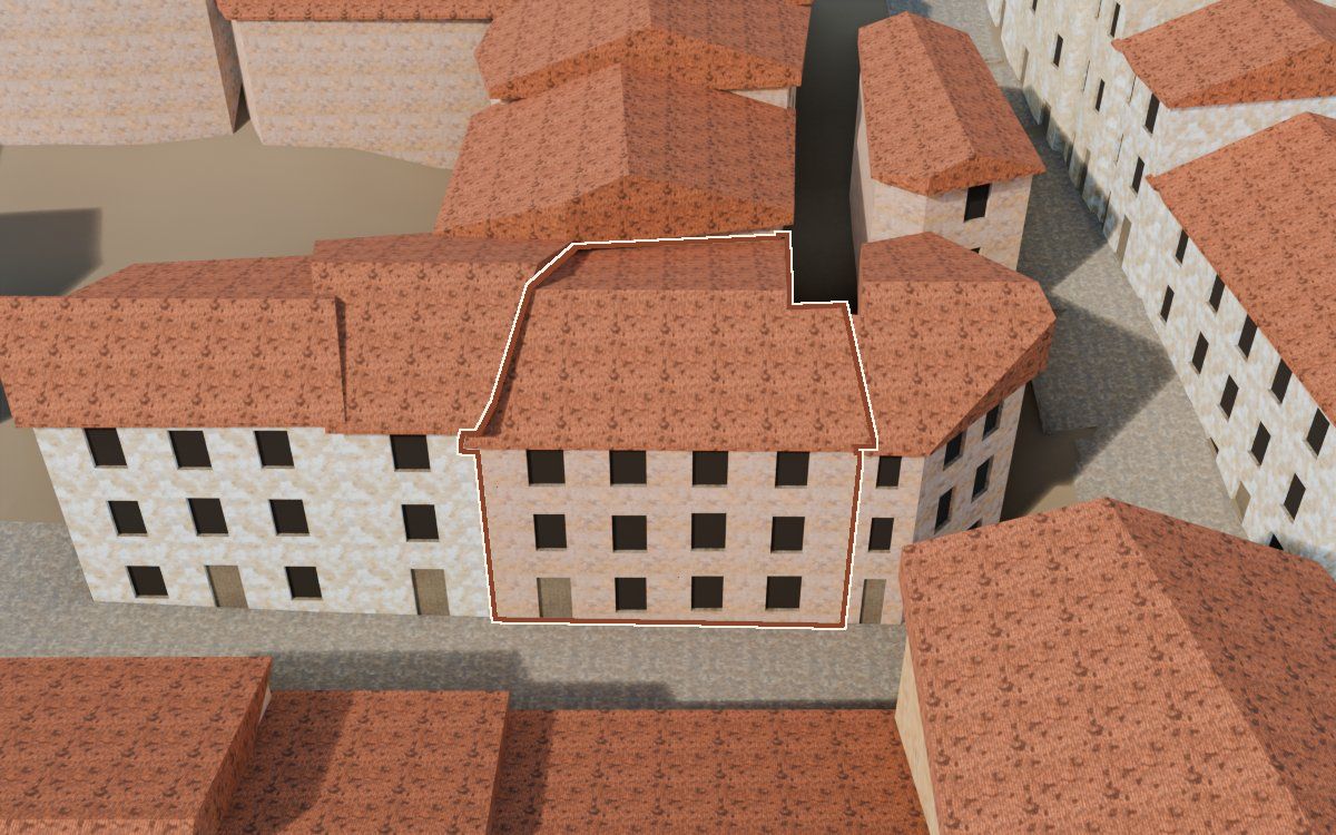 Casa del Carrer Saragossa a la reconstrucció 3D, vista des del seu carrer, amb el contorn marcat de color teula entre les cases del voltant