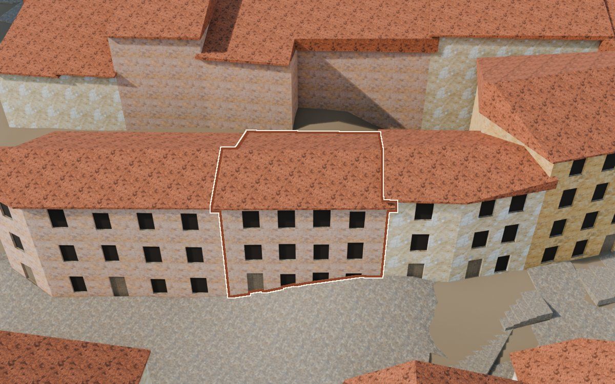 Manzana 30, n.º 4 a la reconstrucció 3D, vista des del seu carrer, amb el contorn marcat de color teula entre les cases del voltant