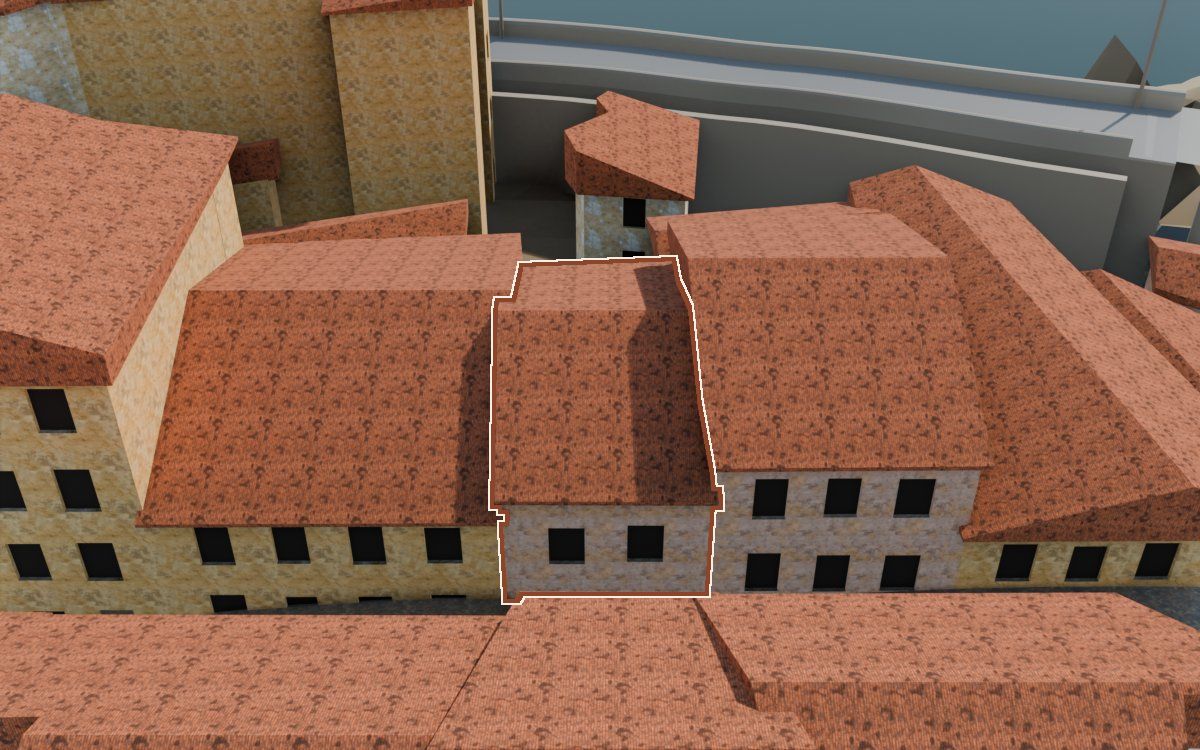 Manzana 4, n.º 3 a la reconstrucció 3D, vista des del seu carrer, amb el contorn marcat de color teula entre les cases del voltant