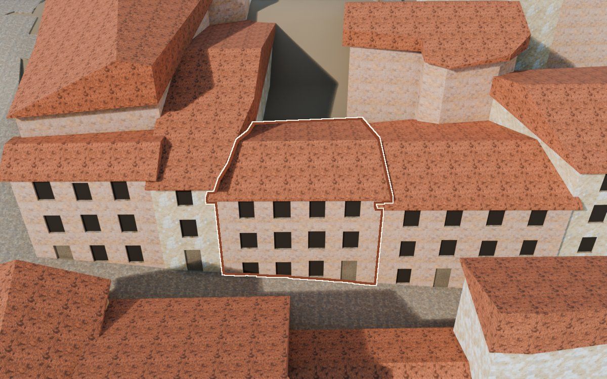 Manzana 26, n.º 22 a la reconstrucció 3D, vista des del seu carrer, amb el contorn marcat de color teula entre les cases del voltant