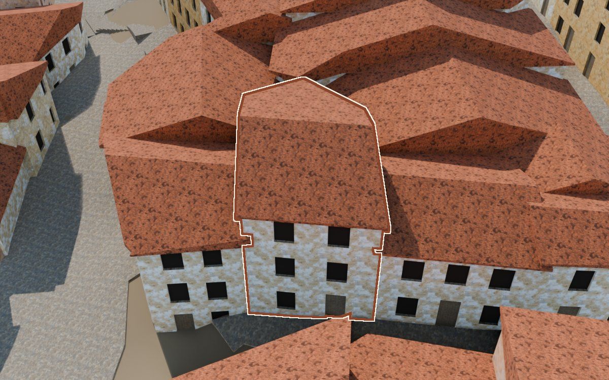 Manzana 30, n.º 20 a la reconstrucció 3D, vista des del costat on millor es veu, amb el contorn marcat de color teula entre les cases del voltant