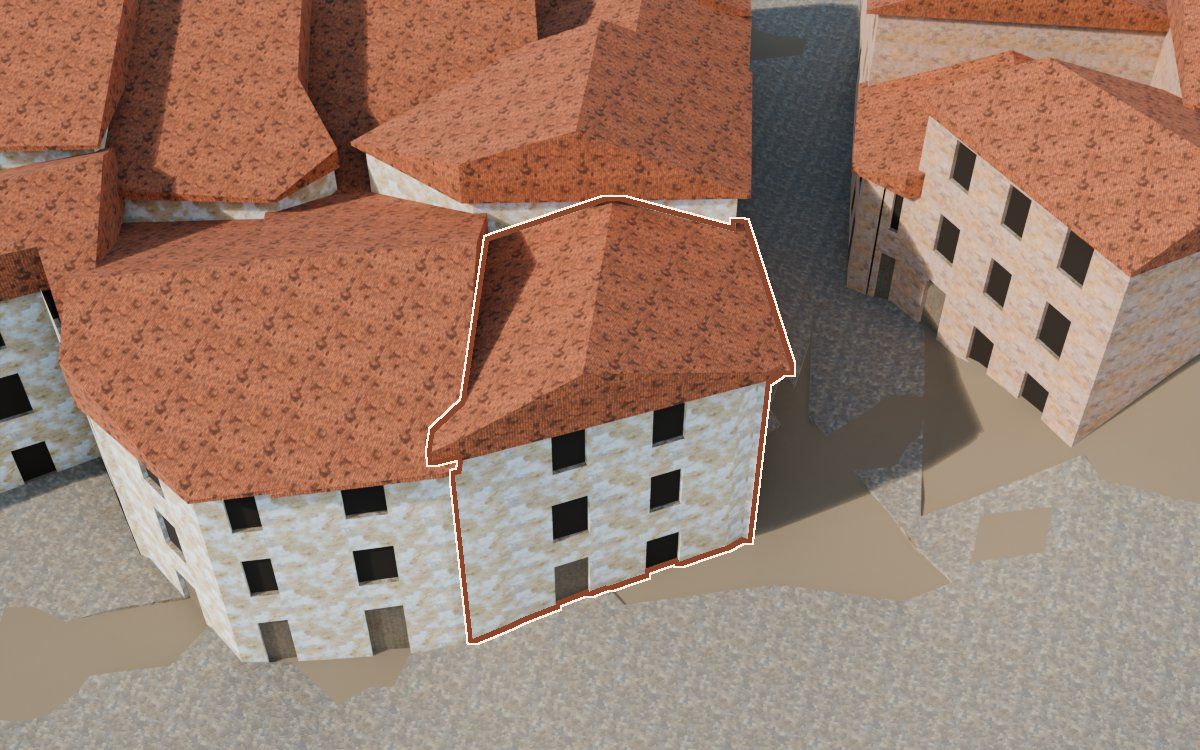 Manzana 30, n.º 21 a la reconstrucció 3D, vista des del costat on millor es veu, amb el contorn marcat de color teula entre les cases del voltant