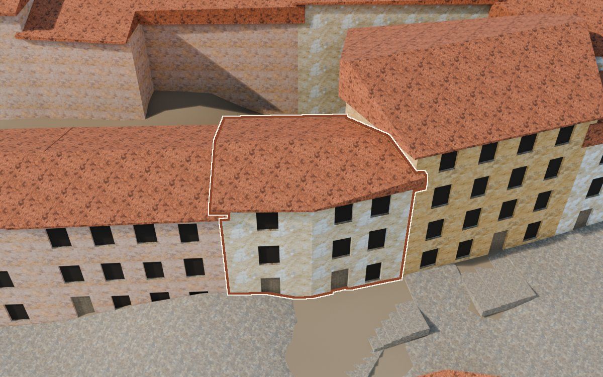 Manzana 30, n.º 2 a la reconstrucció 3D, vista des del costat on millor es veu, amb el contorn marcat de color teula entre les cases del voltant