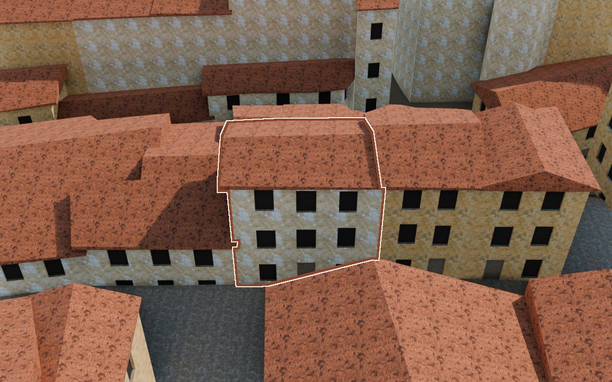 Manzana 6, n.º 9 a la reconstrucció 3D, vista des del seu carrer, amb el contorn marcat de color teula entre les cases del voltant