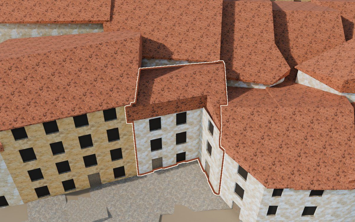 Casa de la Costereta del Forn a la reconstrucció 3D, vista des del costat on millor es veu, amb el contorn marcat de color teula entre les cases del voltant