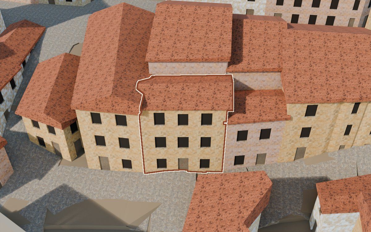 Manzana 4, n.º 5 a la reconstrucció 3D, vista des del seu carrer, amb el contorn marcat de color teula entre les cases del voltant