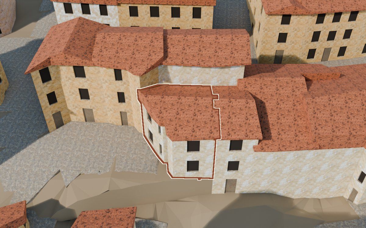 Manzana 6, n.º 2 a la reconstrucció 3D, vista des del costat on millor es veu, amb el contorn marcat de color teula entre les cases del voltant