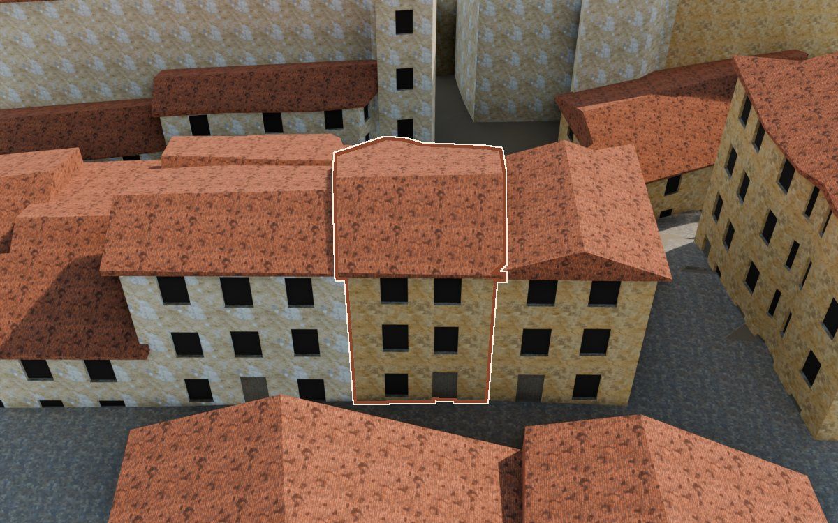 Manzana 6, n.º 7 a la reconstrucció 3D, vista des del costat on millor es veu, amb el contorn marcat de color teula entre les cases del voltant