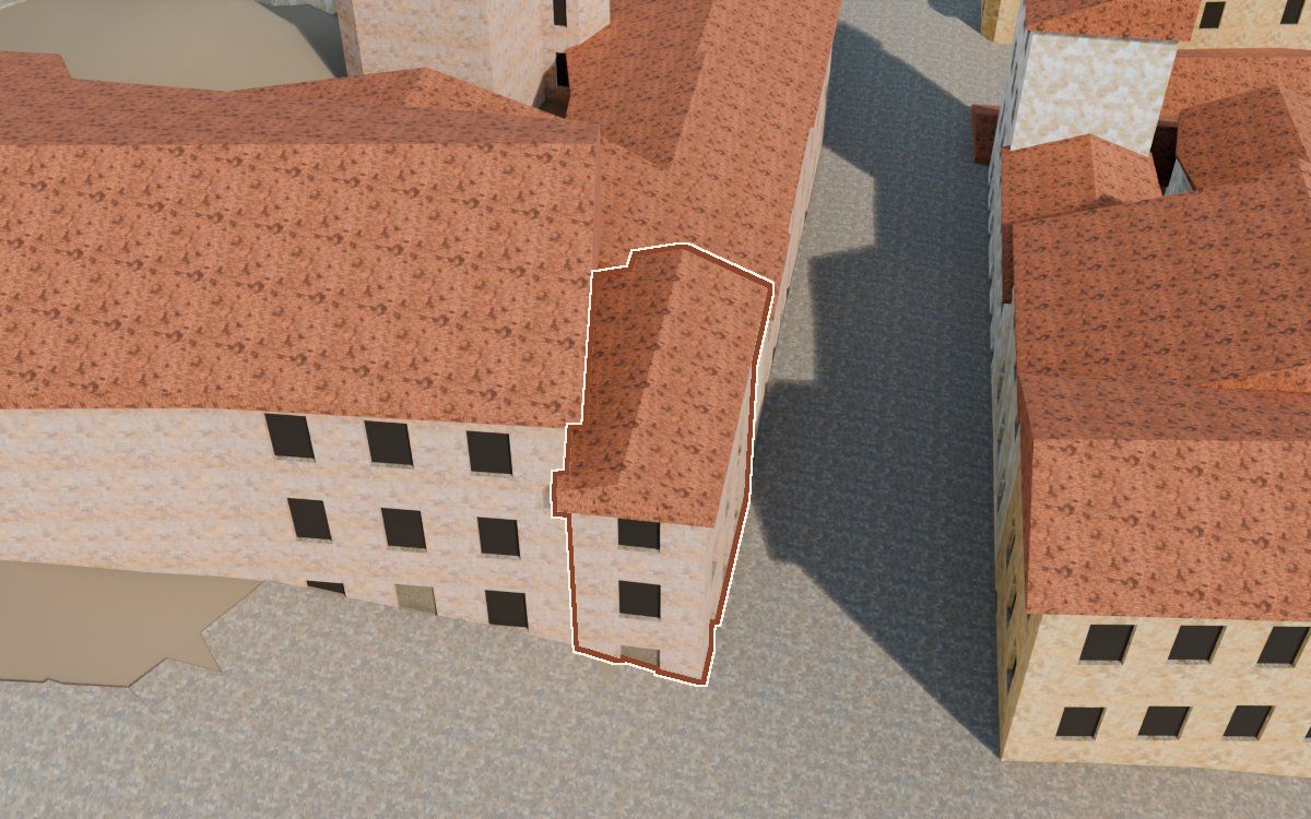 Casa del Carrer Saragossa a la reconstrucció 3D, vista des del costat on millor es veu, amb el contorn marcat de color teula entre les cases del voltant