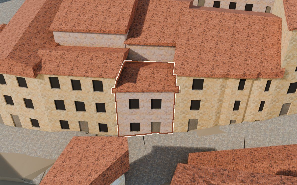 Manzana 4, n.º 1 a la reconstrucció 3D, vista des del seu carrer, amb el contorn marcat de color teula entre les cases del voltant