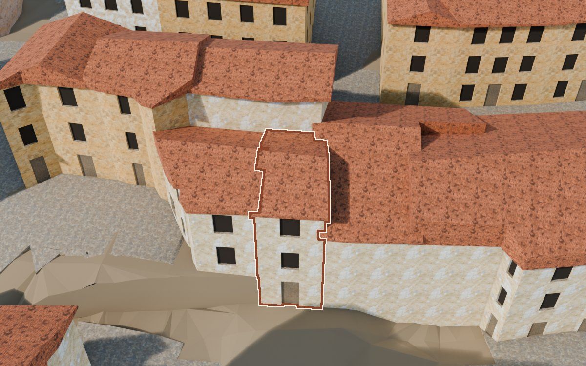 Manzana 6, n.º 10 a la reconstrucció 3D, vista des del costat on millor es veu, amb el contorn marcat de color teula entre les cases del voltant