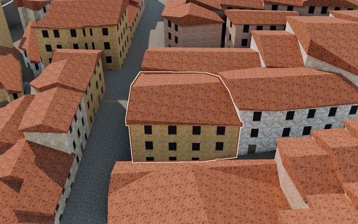 Manzana 27, n.º 15 a la reconstrucció 3D, vista des del seu carrer, amb el contorn marcat de color teula entre les cases del voltant