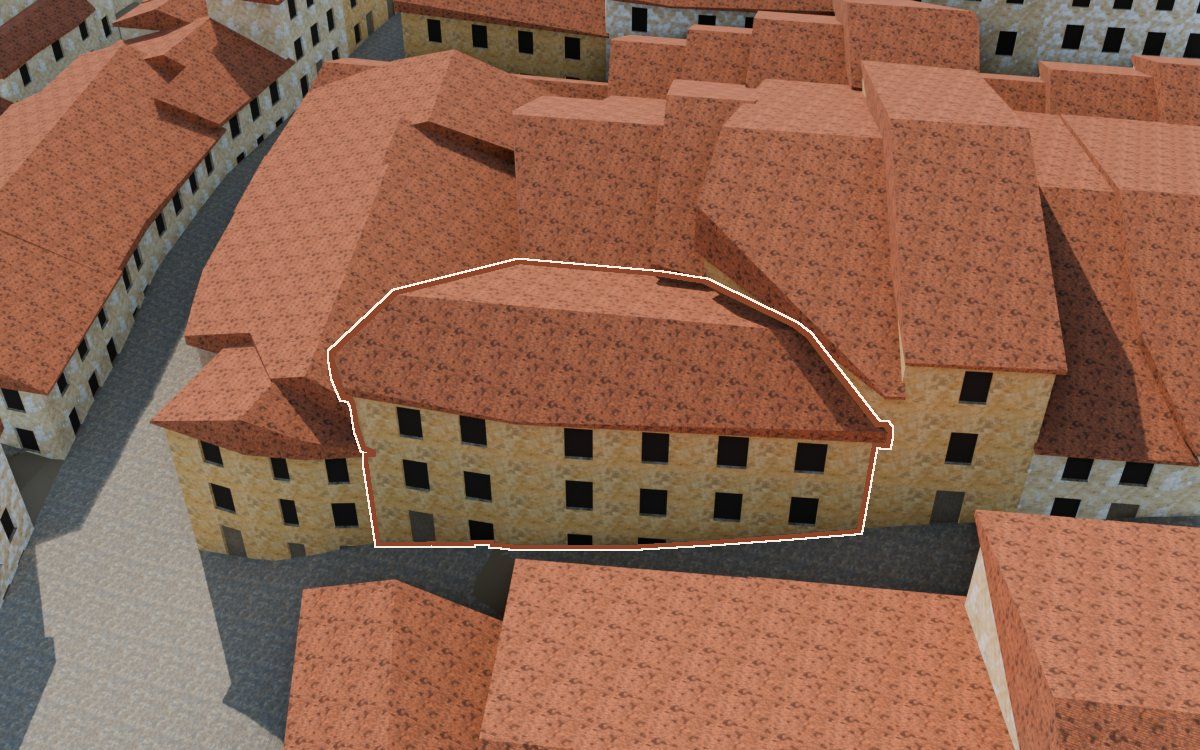 Casa del Carrer del Calvari a la reconstrucció 3D, vista des del seu carrer, amb el contorn marcat de color teula entre les cases del voltant
