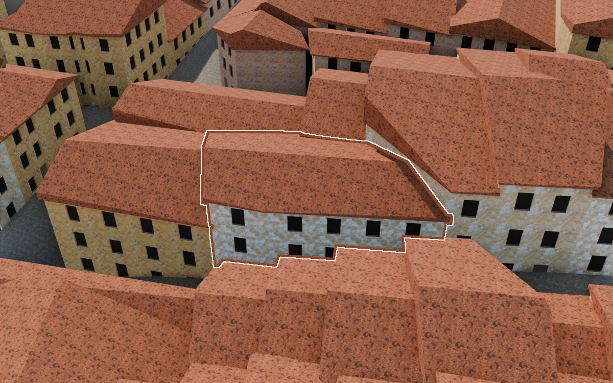 Casa del Carrer Magdalena (Calle Magdalena) en la reconstrucción 3D, vista desde su calle, con su contorno marcado en teja entre las casas de alrededor