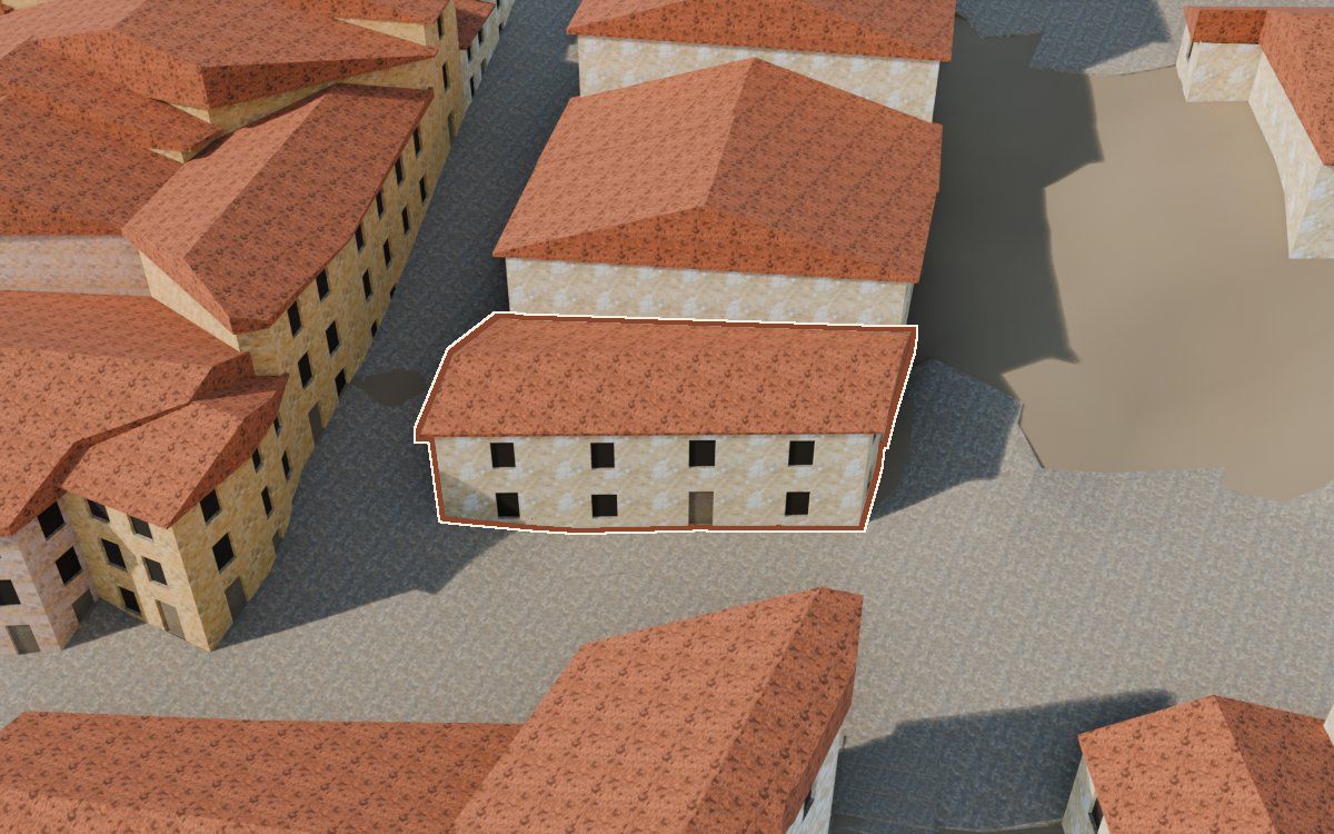 Manzana 29, n.º 1 a la reconstrucció 3D, vista des del seu carrer, amb el contorn marcat de color teula entre les cases del voltant