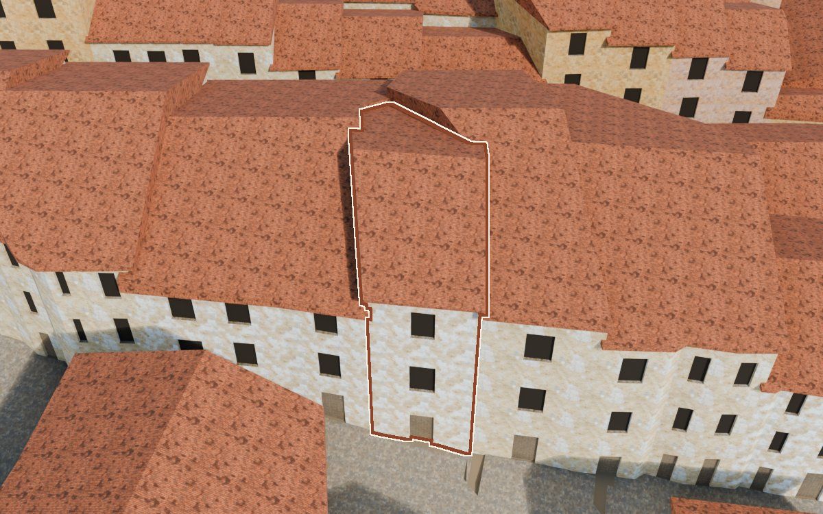 Manzana 27, n.º 12 a la reconstrucció 3D, vista des del costat on millor es veu, amb el contorn marcat de color teula entre les cases del voltant