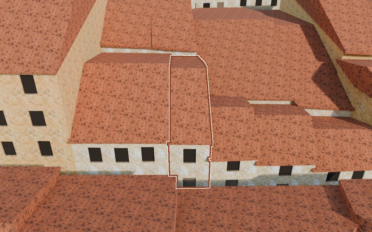 Casa del Carrer Magdalena a la reconstrucció 3D, vista des del seu carrer, amb el contorn marcat de color teula entre les cases del voltant