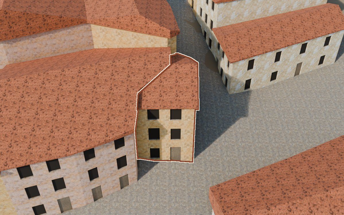 MZP-046, frente a la línea nueva de carrer-calvari oeste a la reconstrucció 3D, vista des del seu carrer, amb el contorn marcat de color teula entre les cases del voltant