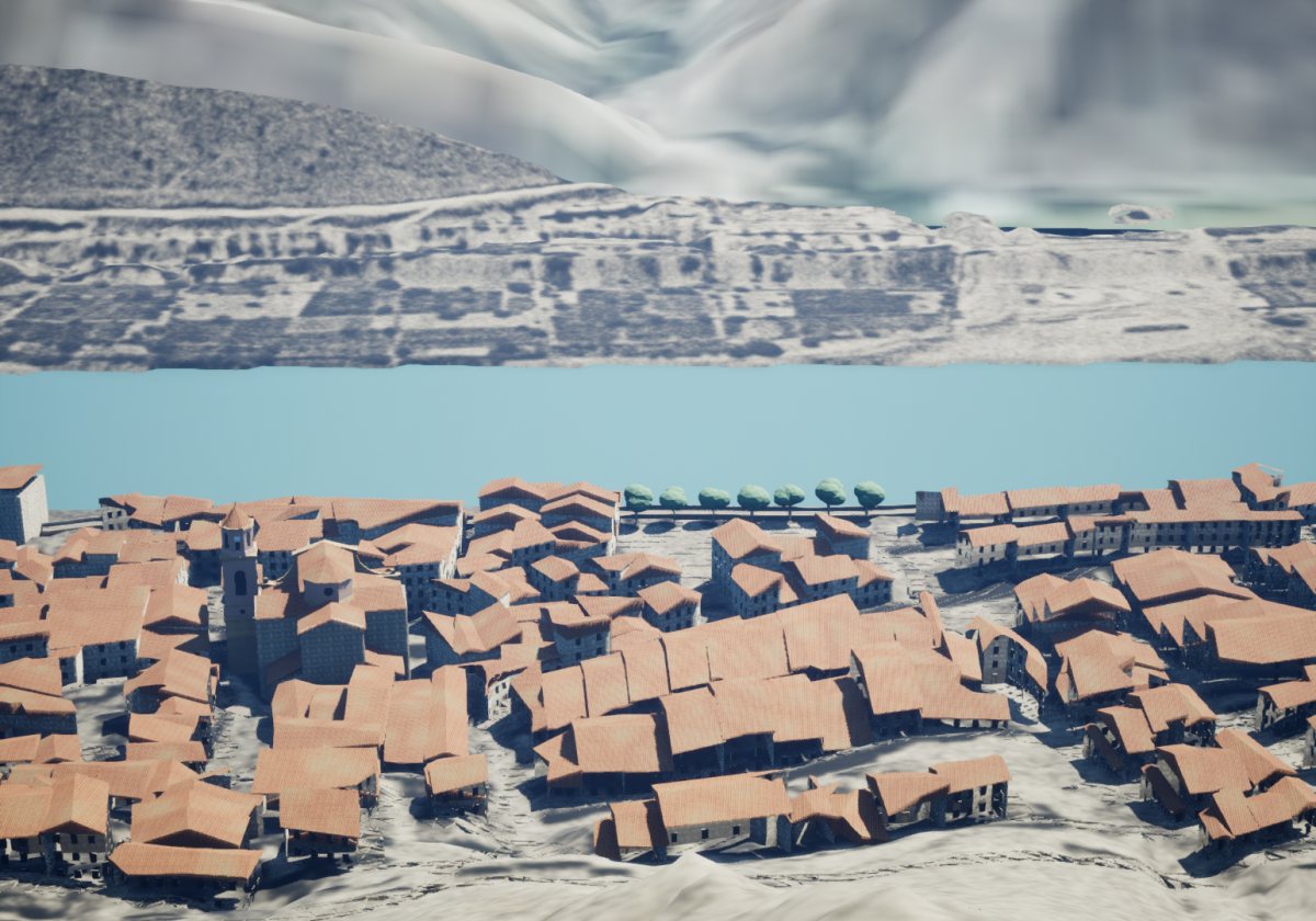 El poble sencer vora l'Ebre, amb les seues teulades de teula, vist des de dalt a la reconstrucció 3D