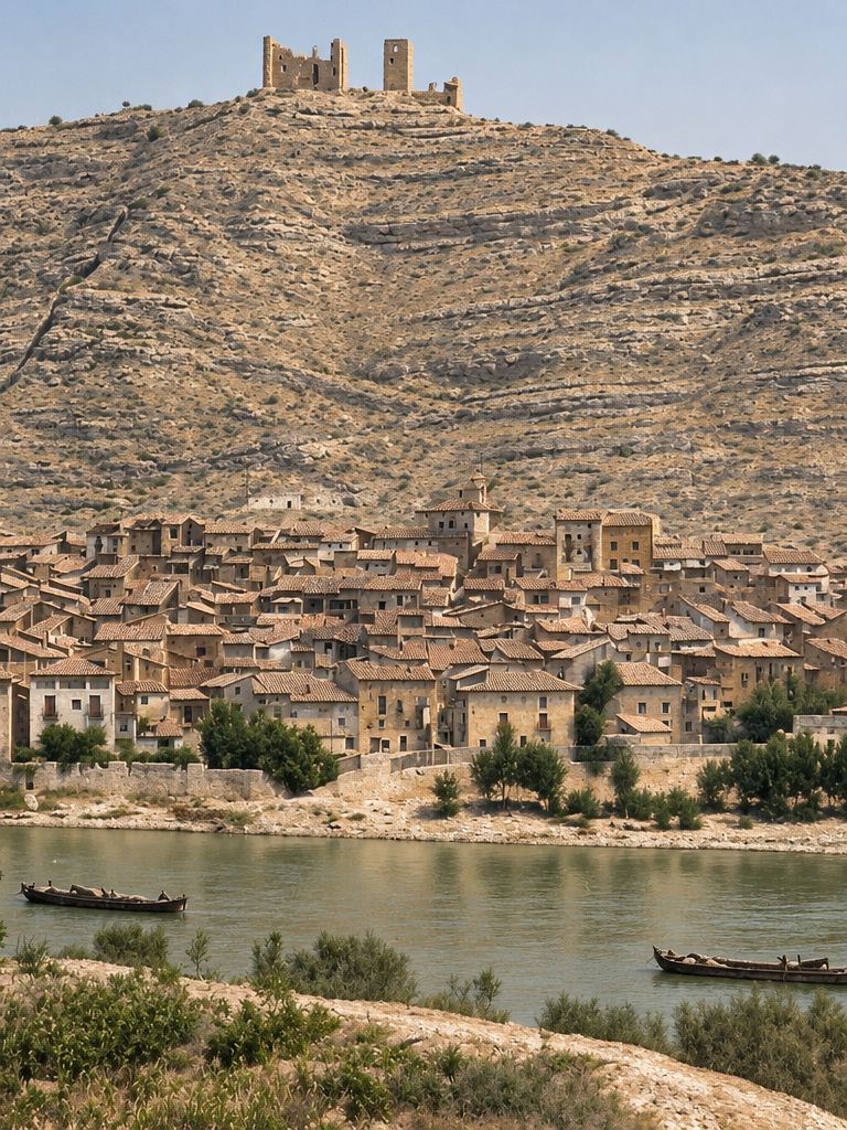 Caserío apretado a orillas del río, con dos llauts en el agua y, sobre un cerro abancalado, el castillo en lo alto.