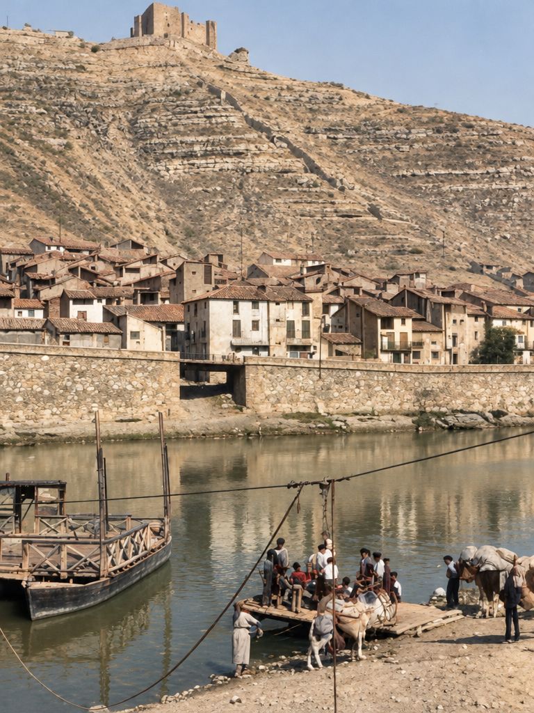 Casas sobre el muro de ribera, con una pasarela, y el castillo en lo alto; en primer plano, la barca de paso con caballerías y gente en la orilla.