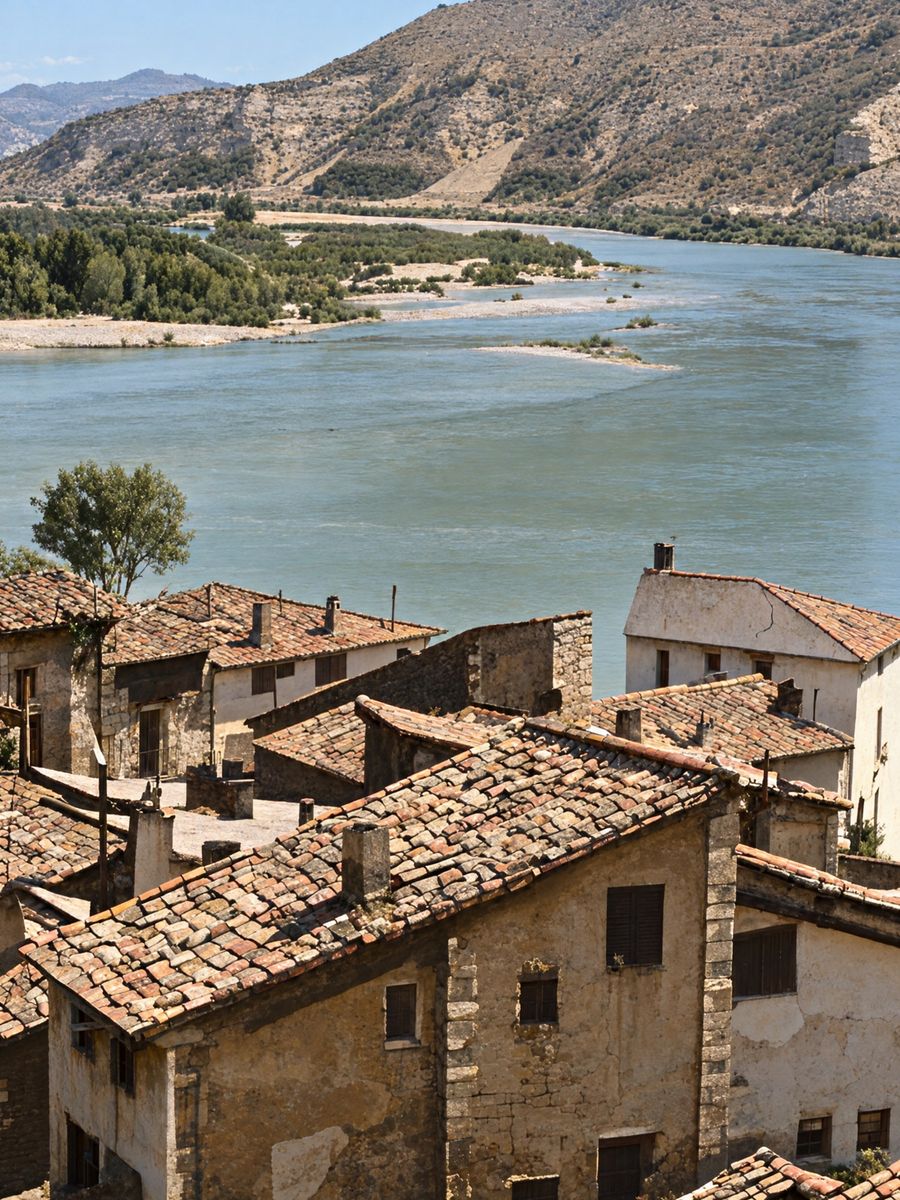 Tejados de teja árabe del Poble Vell vistos desde arriba, con el río ancho, sus islas de grava y los montes enfrente.