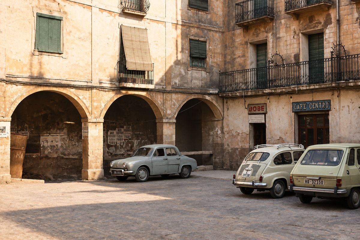 Tres arcos de sillería con carteles junto a una fachada con balcón corrido y el café Centro; tres coches de época aparcados en la plaza vacía.