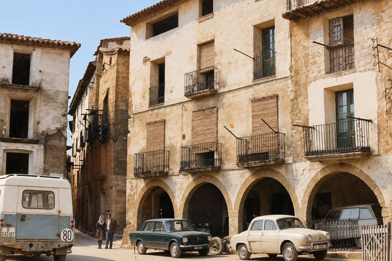 Edificio de tres plantas sobre cuatro arcos, con balcones de forja y persianas de caña; delante, un furgón, dos coches y dos personas.