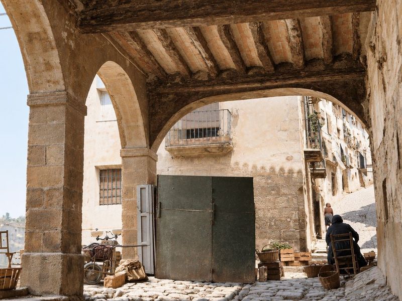 Pilares de sillería, arcos y techo de vigas, con una puerta de chapa, cestas y una carretilla; al fondo, la calle en cuesta y una mujer sentada.