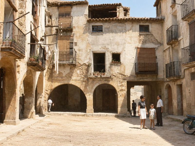 Una casa desconchada con dos arcos y un pasaje cubierto, con balcones de forja; en la plaza, una mujer, una niña y un hombre, y una moto a la derecha.