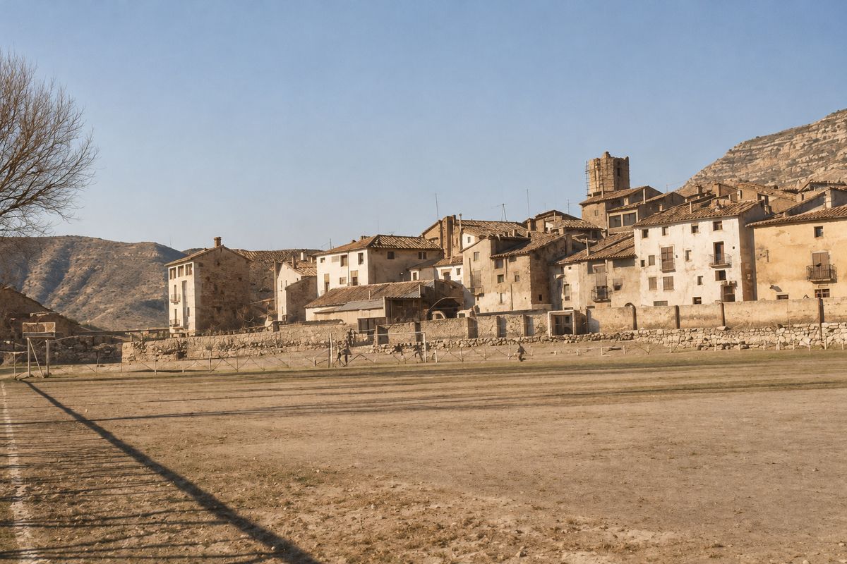 Un campo de tierra con una tapia baja detrás y, sobre ella, casas con balcones y un campanario; a la izquierda, un árbol sin hojas y un cartel junto al campo.