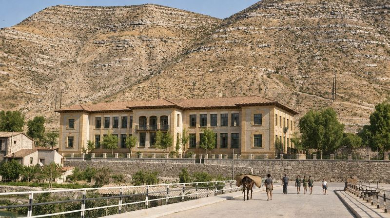 El Grupo Escolar de frente, con tres cuerpos, una cerca delante y un cerro detrás; por el puente caminan unas personas y una mula con carga.