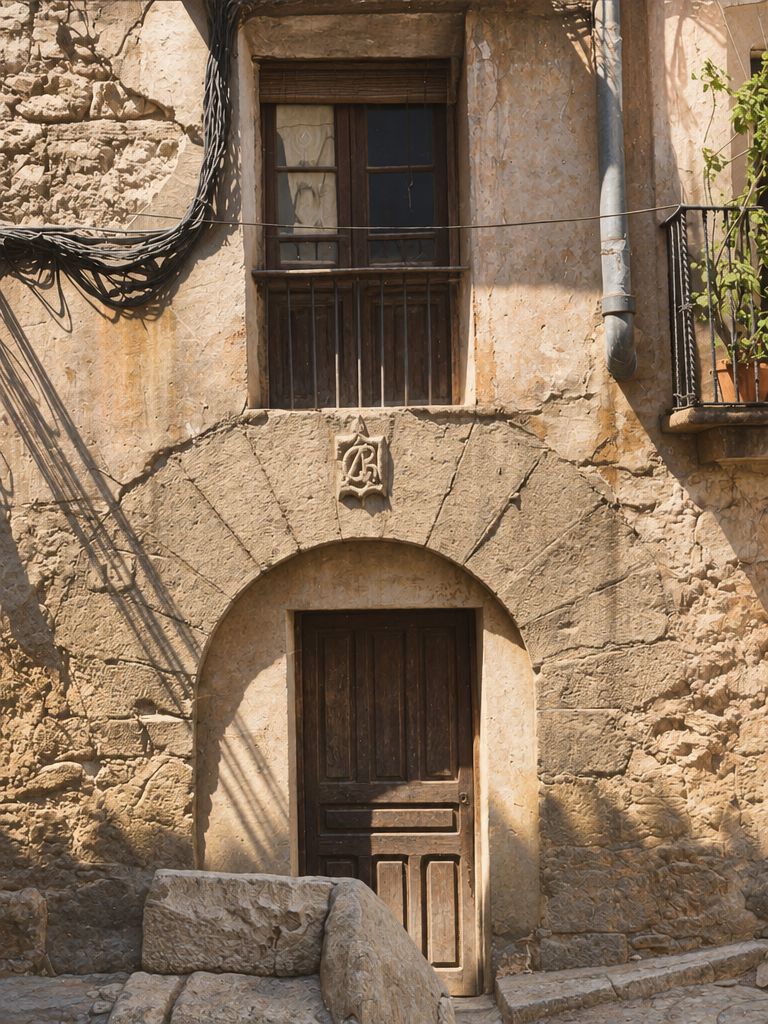 Puerta de madera bajo un arco de dovelas con un monograma en la clave, una ventana con reja arriba, un balcón de forja a la derecha, cables y un muro de sillería.