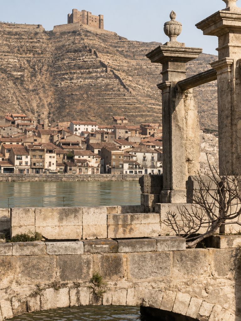 Dos pilares de piedra con jarrones y un pretil de sillares enmarcan el río, el pueblo al otro lado y el castillo en lo alto del cerro.
