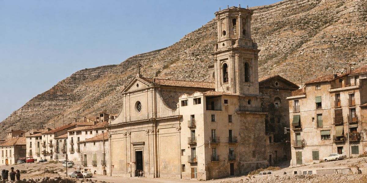Fachada de la iglesia con su frontón y la torre sin cupulín, un bloque de casas adosado a la derecha y el cerro de estratos detrás.