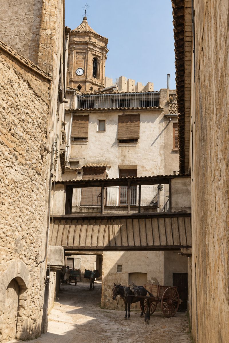 Un callejón con un paso cubierto de madera, el campanario y el castillo al fondo, y una mula con un carro en el suelo de la calle.