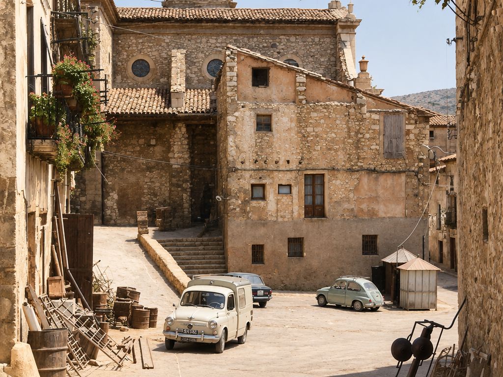 Una plaza con el muro lateral de la iglesia y sus dos óculos, una casa de piedra, una escalinata con pretil, un quiosco y varios vehículos aparcados.