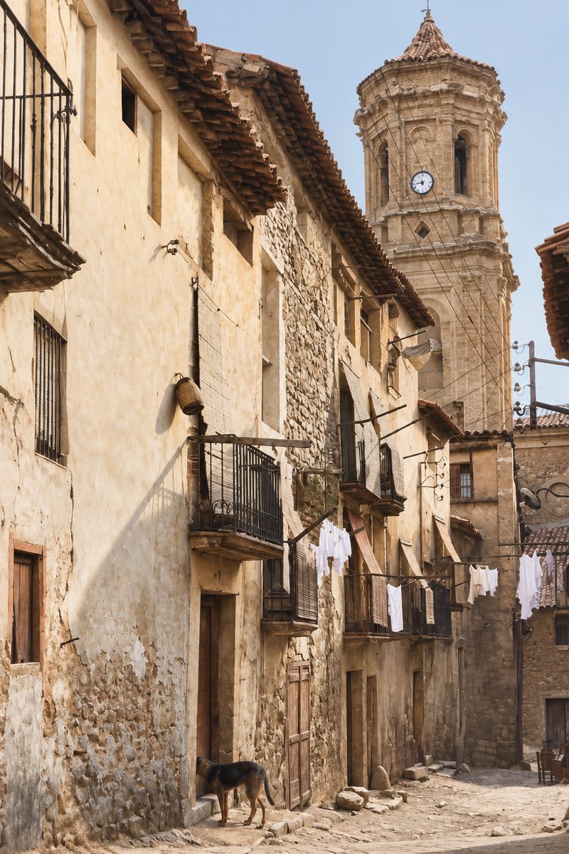 Calle estrecha de casas de tres plantas con aleros, balcones y ropa tendida, con la torre del reloj de la iglesia al fondo y un perro en primer plano.