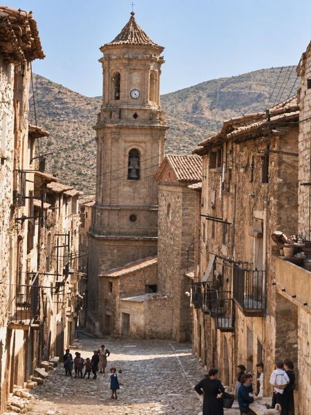 Calle empedrada en cuesta hacia el campanario de la iglesia, entre casas de tres y cuatro plantas con balcones; unos niños y unas mujeres, pequeños, en la calle.