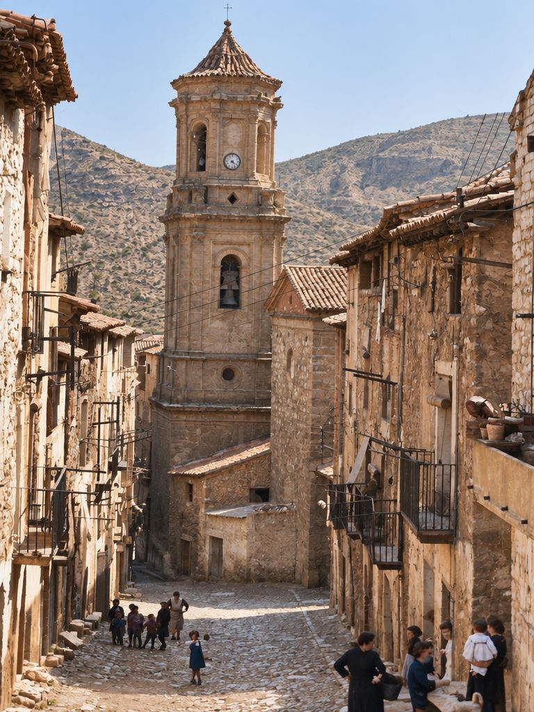 Calle empedrada en cuesta hacia el campanario de la iglesia, entre casas de tres y cuatro plantas con balcones; unos niños y unas mujeres, pequeños, en la calle.