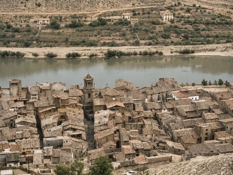 Tejados apiñados del Poble Vell con la torre de la iglesia en el centro y, al fondo, el río con una orilla de grava y huertas en bancales.