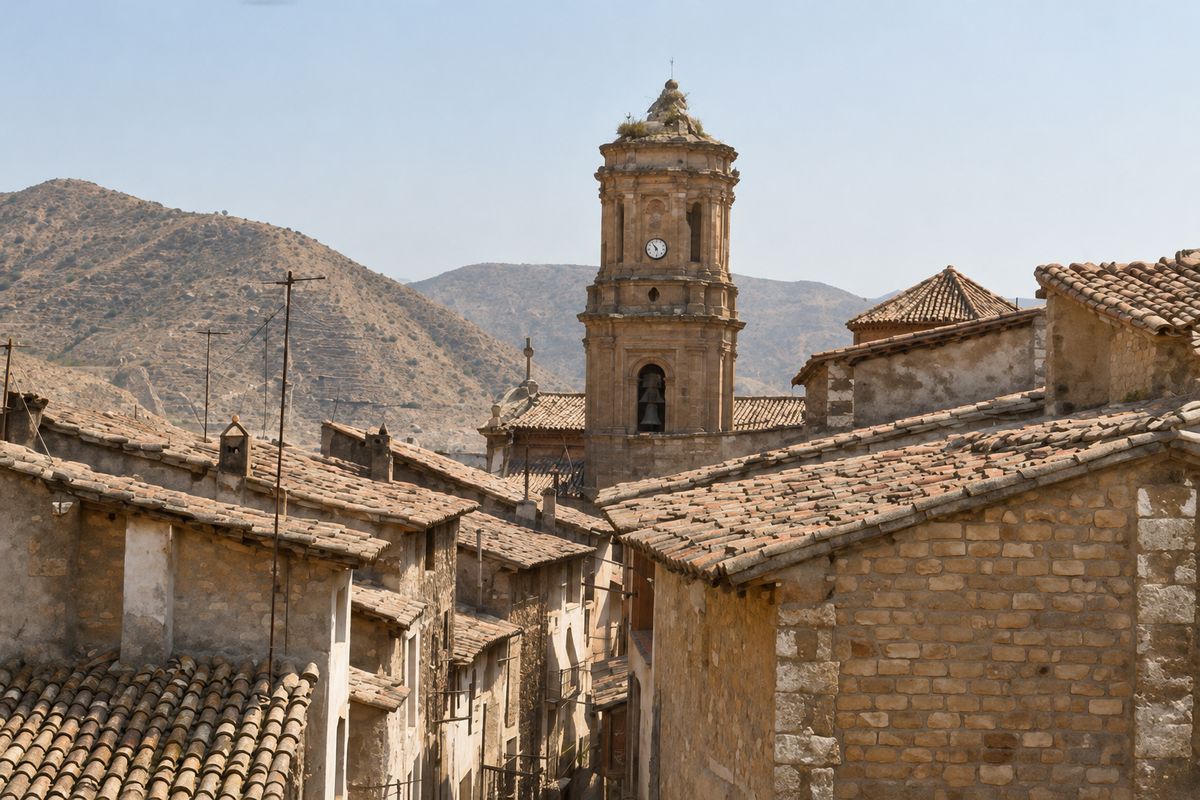 Tejados de teja y casas de ladrillo en una calle estrecha, con la torre de la iglesia, con su nido, y los montes detrás.